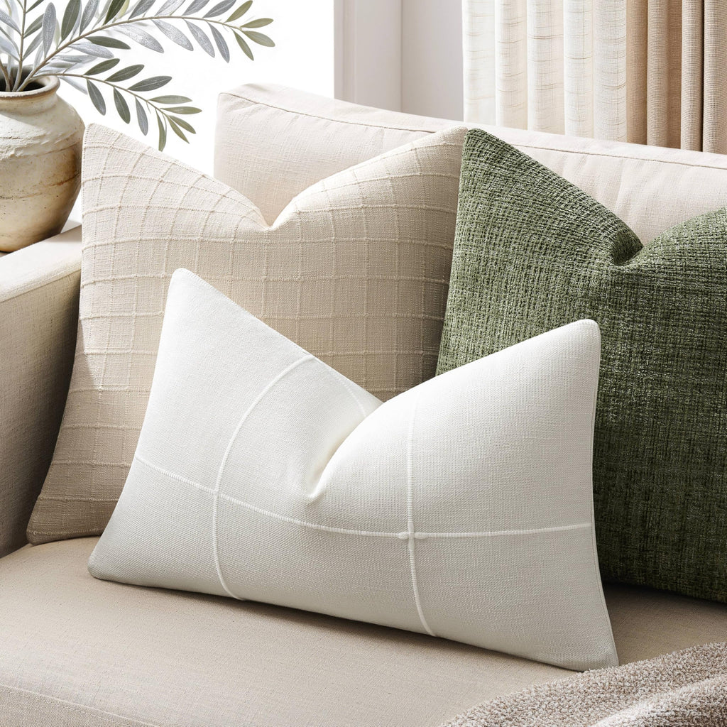 2 Packs Grid Embroidery Lumbar Pillow Covers 12x20in Off White