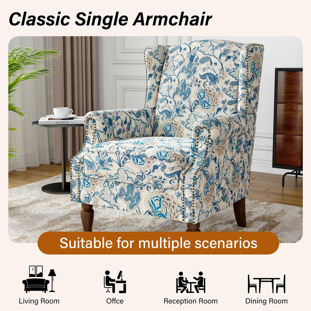 Wingback Accent Chairs Set of 2, High Back Upholstered Armchair, Boho Blue