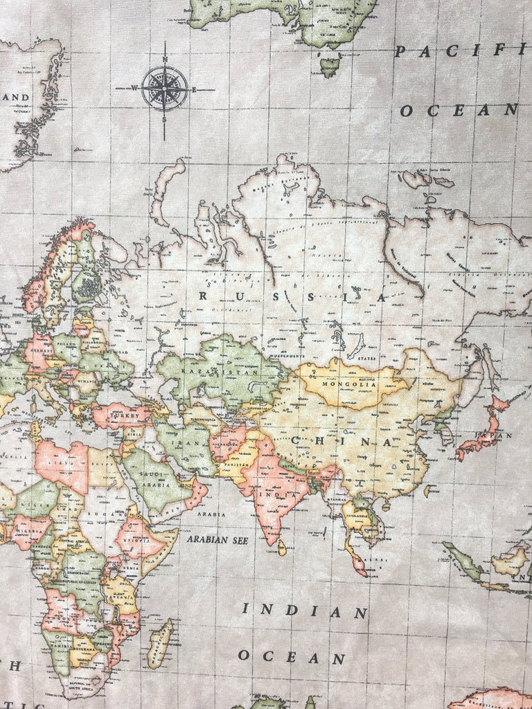 Beige World Map 3 Designer Curtain Upholstery Cotton Fabric Material - Globe Print - 55 inches Wide - Beige (Sold by