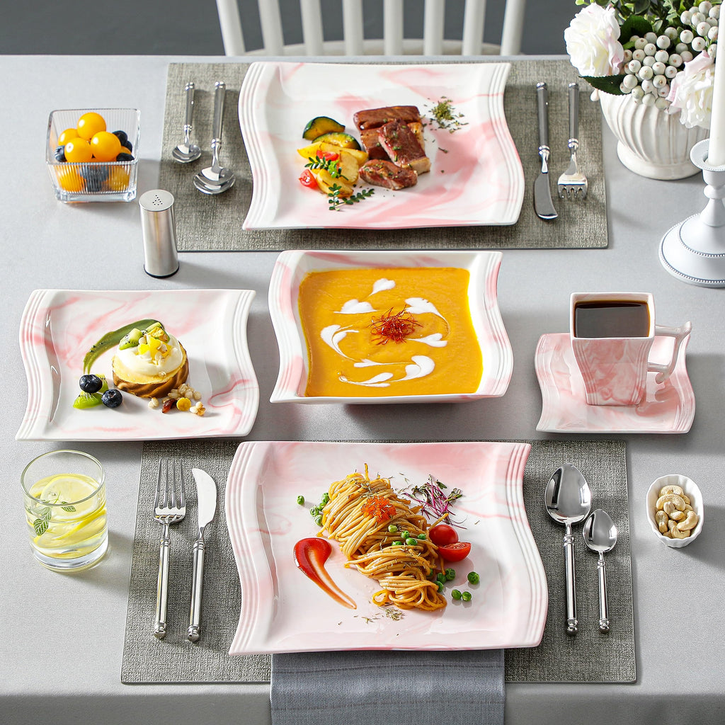 Dinnerware Sets, 30-Piece Pink Plates and Bowls Sets for 6, Porcelain Dinnerware Set with Plates and Bowls, Cups and