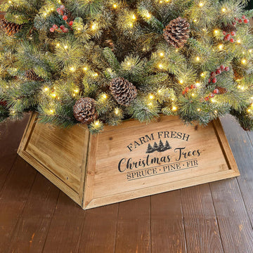 26" L Natural Wooden Trapezoid Tree Collar, Rustic Christmas Trees Stand Cover Fresh Tree Ring Festive Party Decor