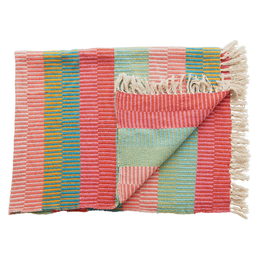 Woven Recycled Cotton Blend Striped Throw with Tassels, Multi Color