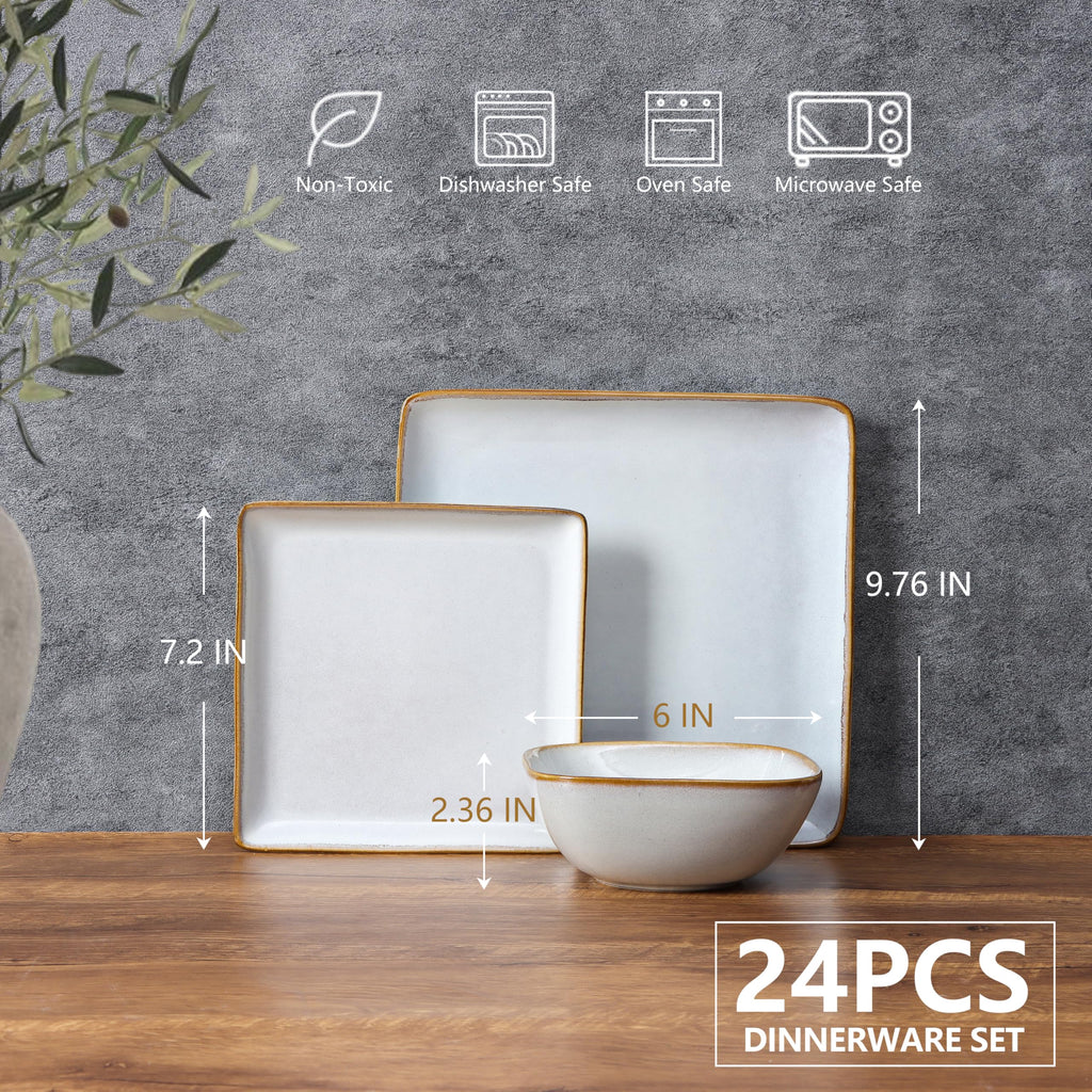 Square Dinnerware Sets for 8, 24-Piece Stoneware Plates and Bowls Dishes Set, Reactive Glaze Porcelain Dishware Sets