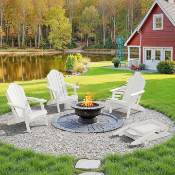 HDPE Folding Adirondack Chair, Cup Holder, Set of 2, White | HDPE poly lumber, folable, all-weather resistant, Low
