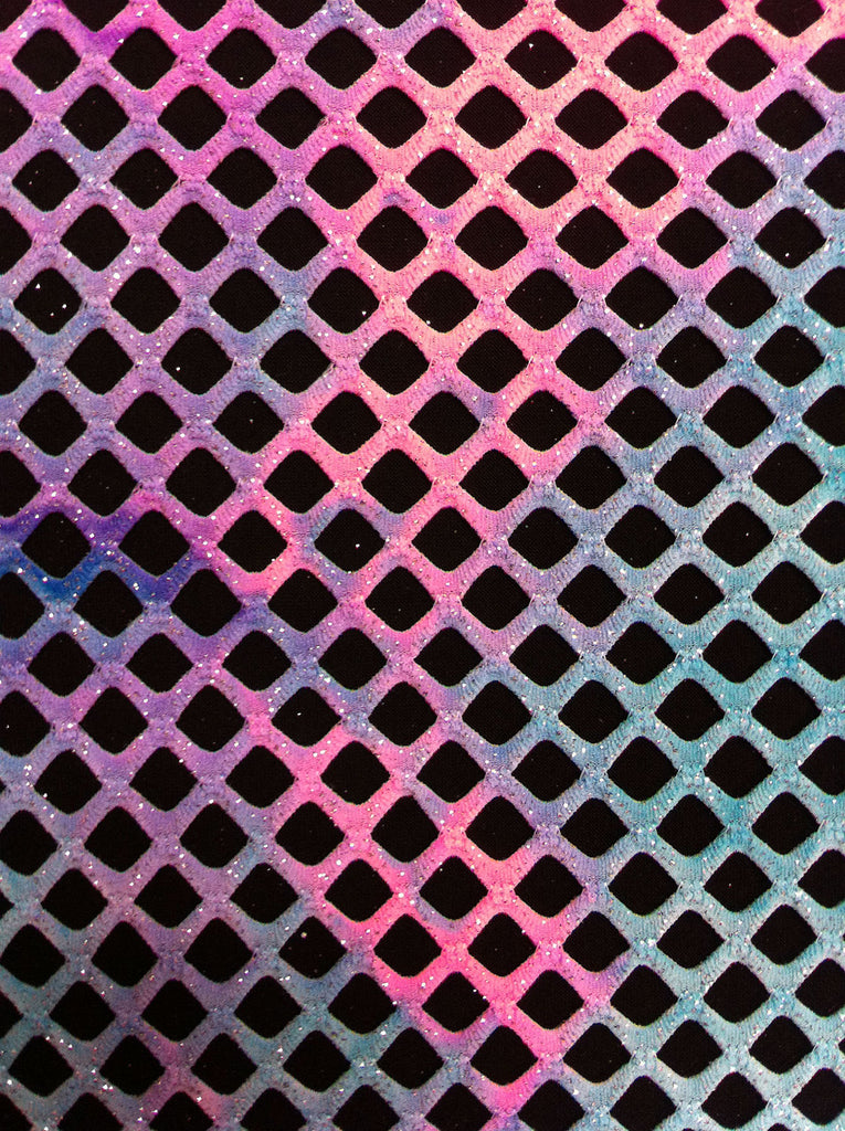 Diamond Mesh Big Hole 0.5 Inch Multi-Color Tie-dye Pattern w/Silver Sparkly Glitter Stretch Polyester Spandex Fabric