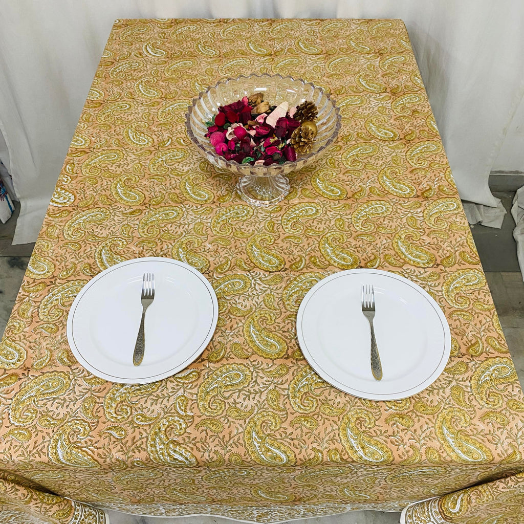 Romantic Reverie Hand Block Print Rectangle Tablecloth 190x72 Inch