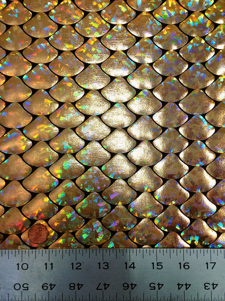 Shiny Holographic Foil Mermaid Scales Pattern on Black Stretch Nylon Spandex Shiny Tricot Fabric by The Yard (Gold)