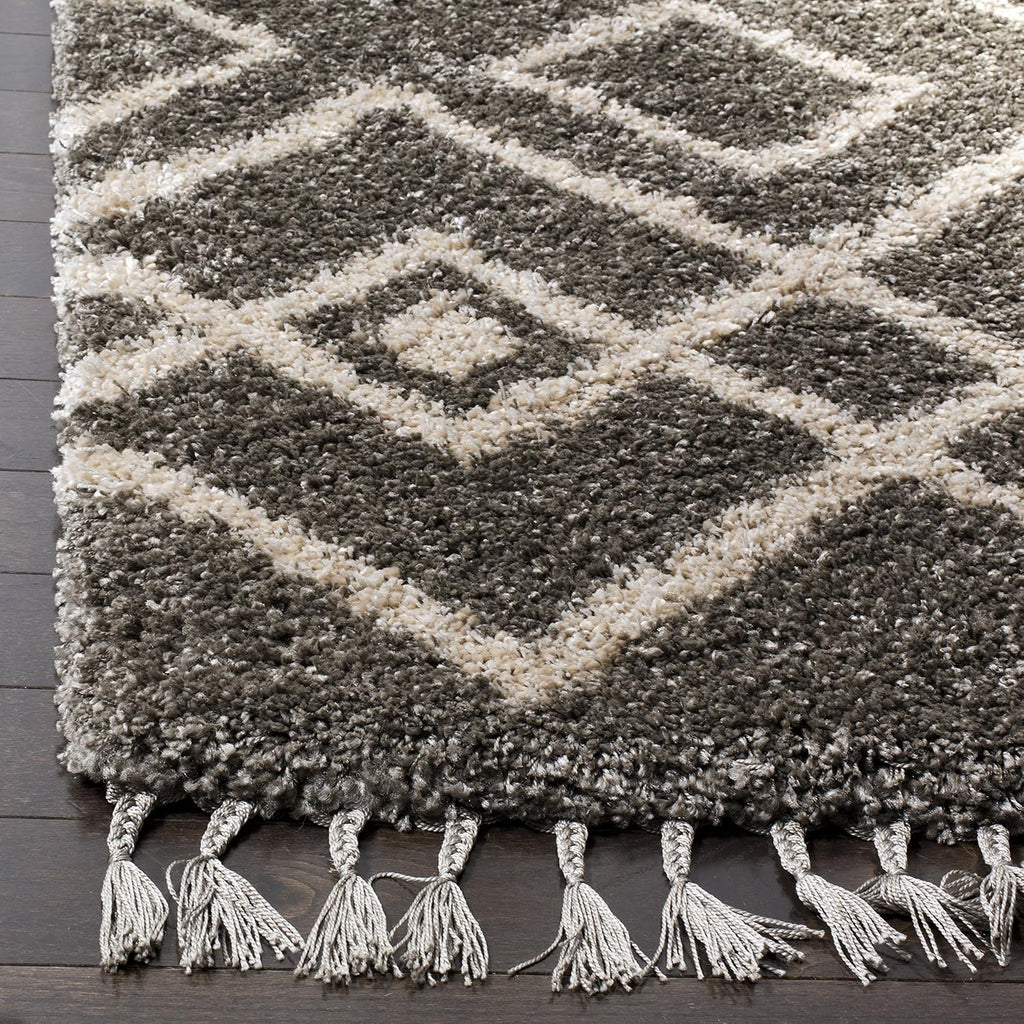 Moroccan Fringe Shag Collection Area Rug, Grey & Cream, Boho Tribal Design, Non-Shedding & Easy Care