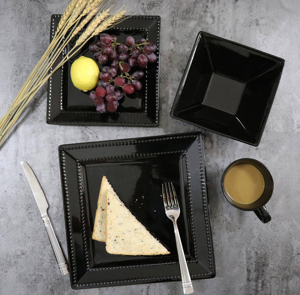 16 Piece Square Beaded Stoneware Dinnerware set by, Black