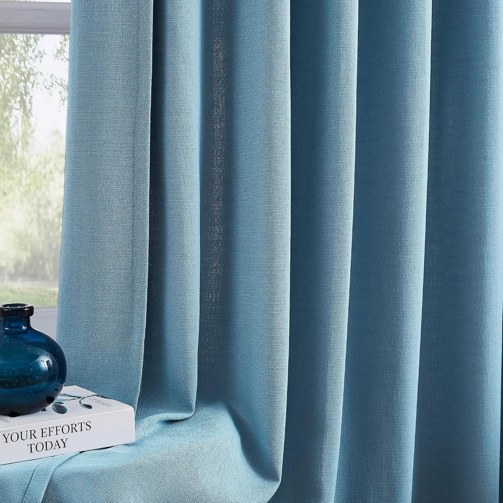 Dusty Blue Linen Texture Curtains for Living Room Bedroom Pinch Pleated 84 Inch Length Semi Sheer Window Curtains 2