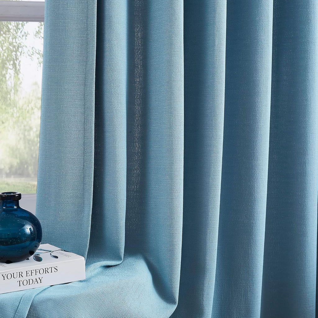Dusty Blue Linen Texture Curtains for Living Room Bedroom Pinch Pleated 84 Inch Length Semi Sheer Window Curtains 2