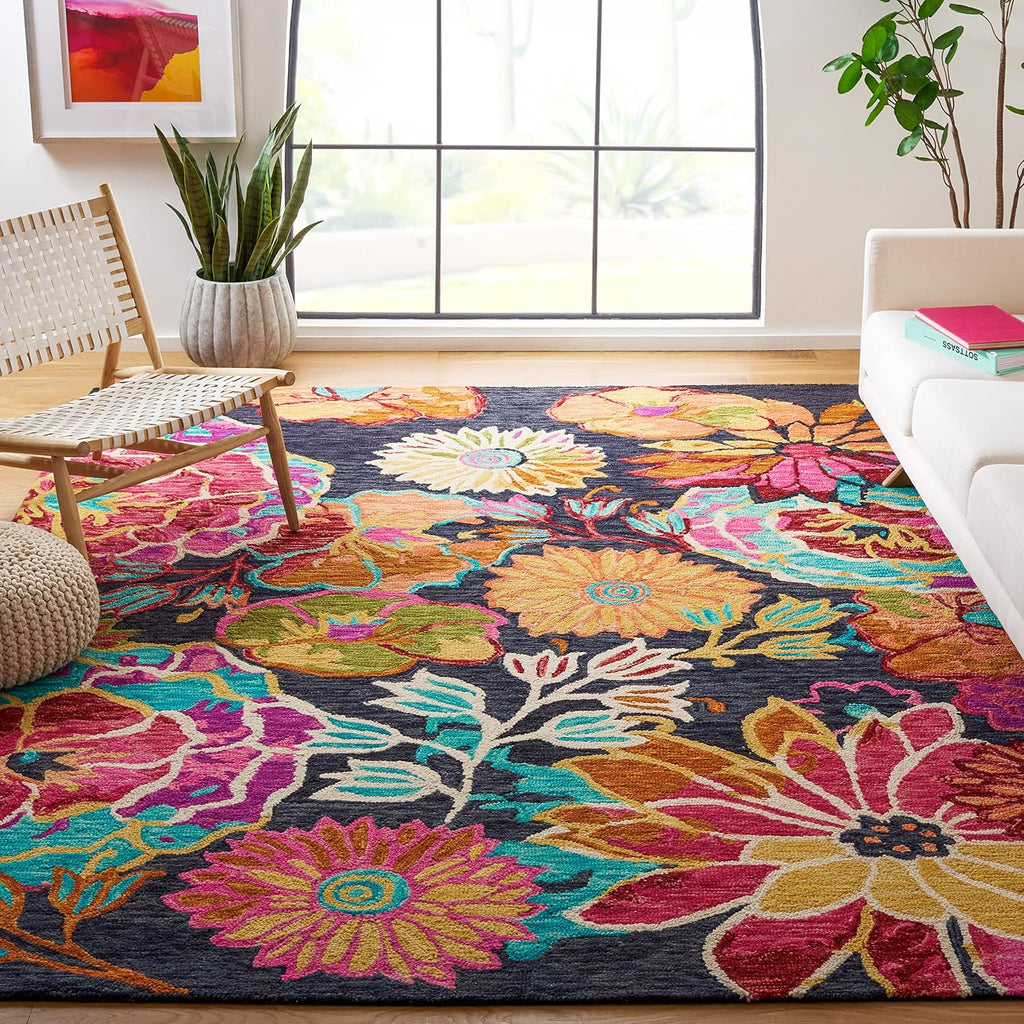Aspen Area Rug - 9' x 12', Charcoal & Blue, Handmade Boho Floral Wool