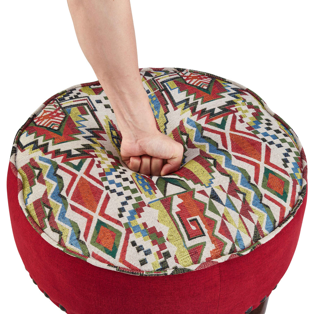 Upholstered Oversized Ottoman Modern Round Floor Seating, Dia 21.5" Geometric Red