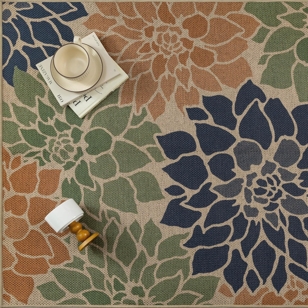 Navy Orange Easy Jute Outdoor Rug Floral Farmhouse Carpet