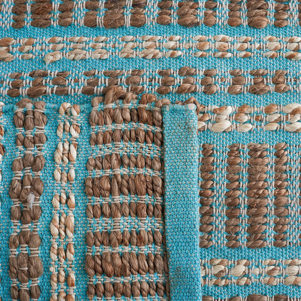 Area Rug 8x10 - Natural Fiber Collection - Large - Teal & Natural, Handmade Jute & Cotton Flat Weave, Stripe Pattern
