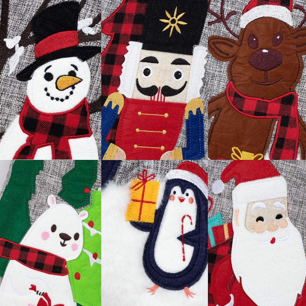 Christmas Stockings Gray Burlap Buffalo Red Plaid Soft Faux Fur 20 Inches Lovely Embroidery Pattern - Set of 6