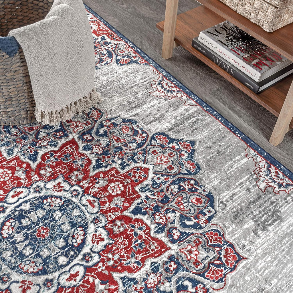 Modern Vintage Moroccan Medallion Navy/Red Indoor Area Rug, Country, Floral, Easy-Cleaning, Pet Friendly