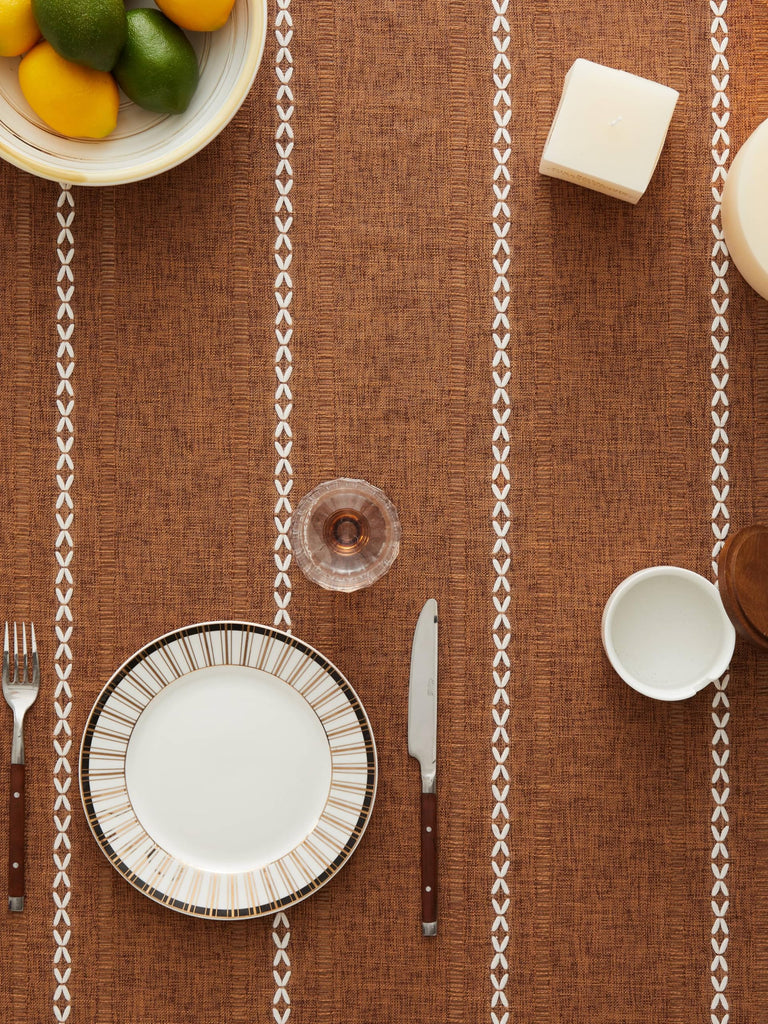 Hemstitched Striped Boho Table Cloth, 60 Inch Round Caramel