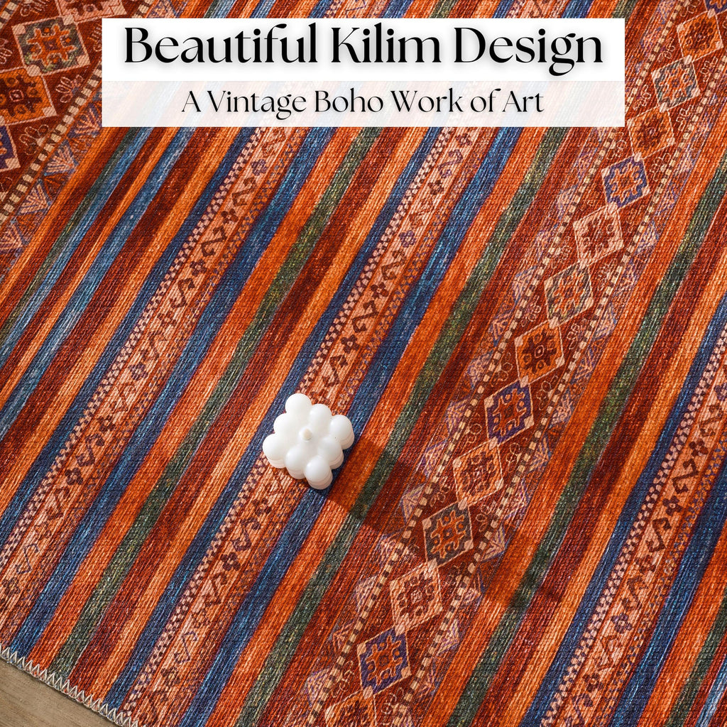 Washable Hallway Runner Rug, Turkish Boho, Multicolor (Kilim)