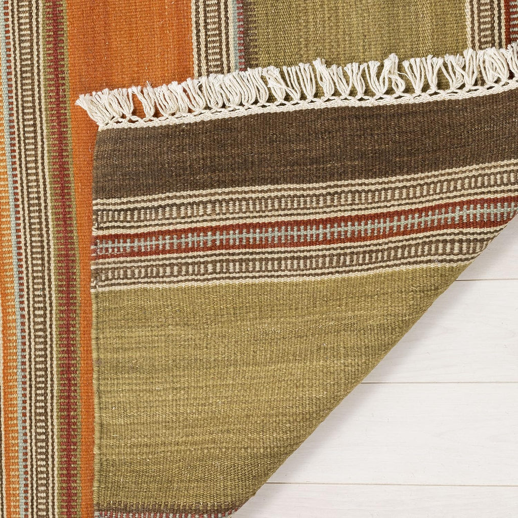 Striped Kilim Collection Accent Rug, Green, Handmade Flat Weave Wool, Ideal for High Traffic Areas (STK317A)
