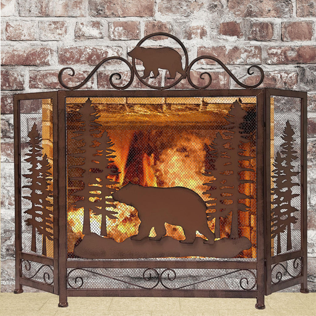 Bear in Forest Metal Fireplace Screen Lodge Cabin