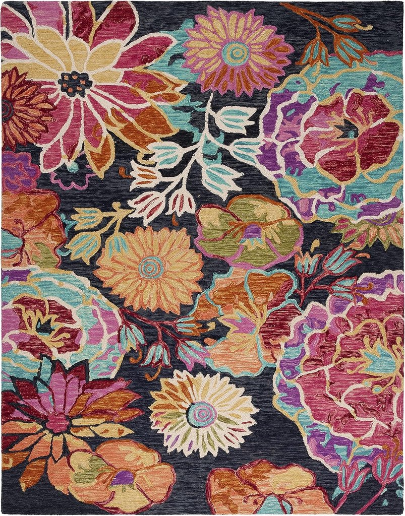 Aspen Area Rug - 9' x 12', Charcoal & Blue, Handmade Boho Floral Wool