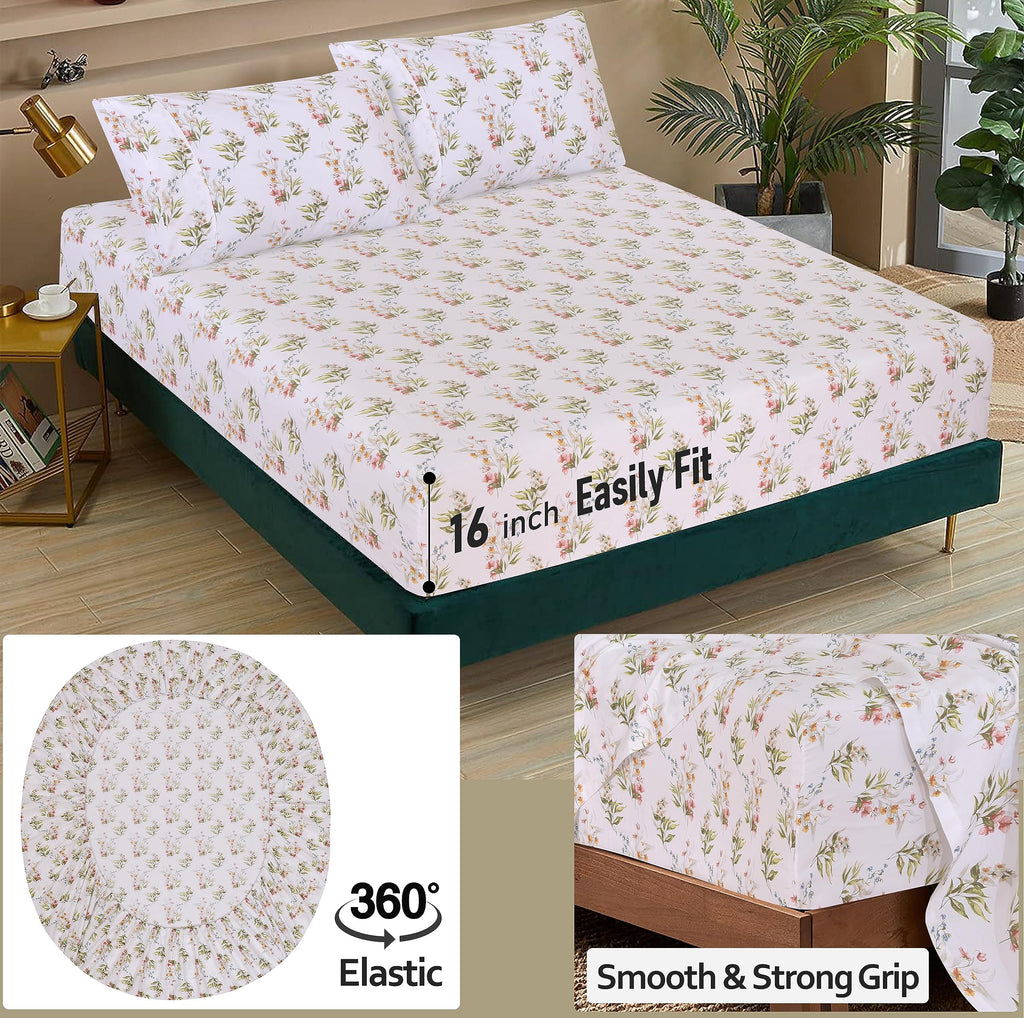 100% Cotton Split King Sheets, Percale Sheet Set, Floral Bliss