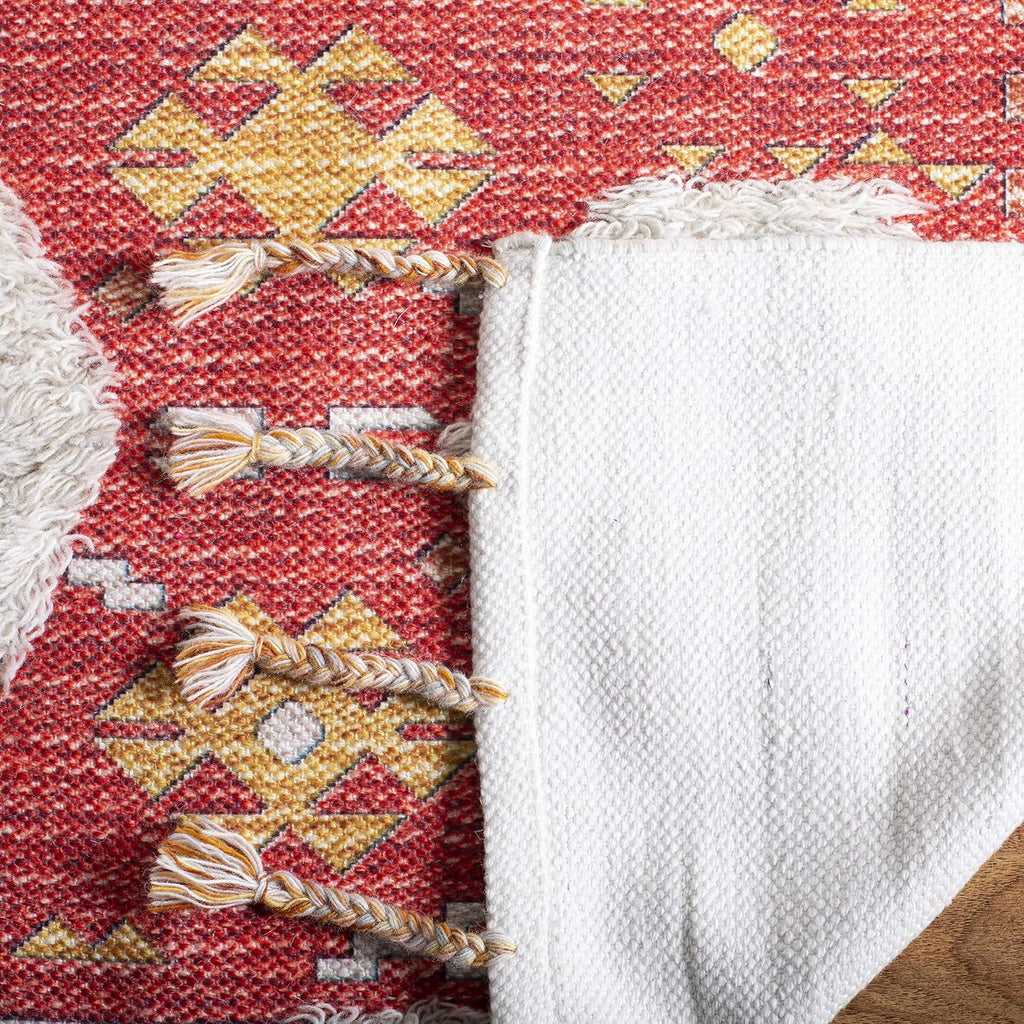 Saffron Collection Accent Rug, Rust & Beige, Handmade Moroccan Boho Tassel Wool, Ideal for High Traffic