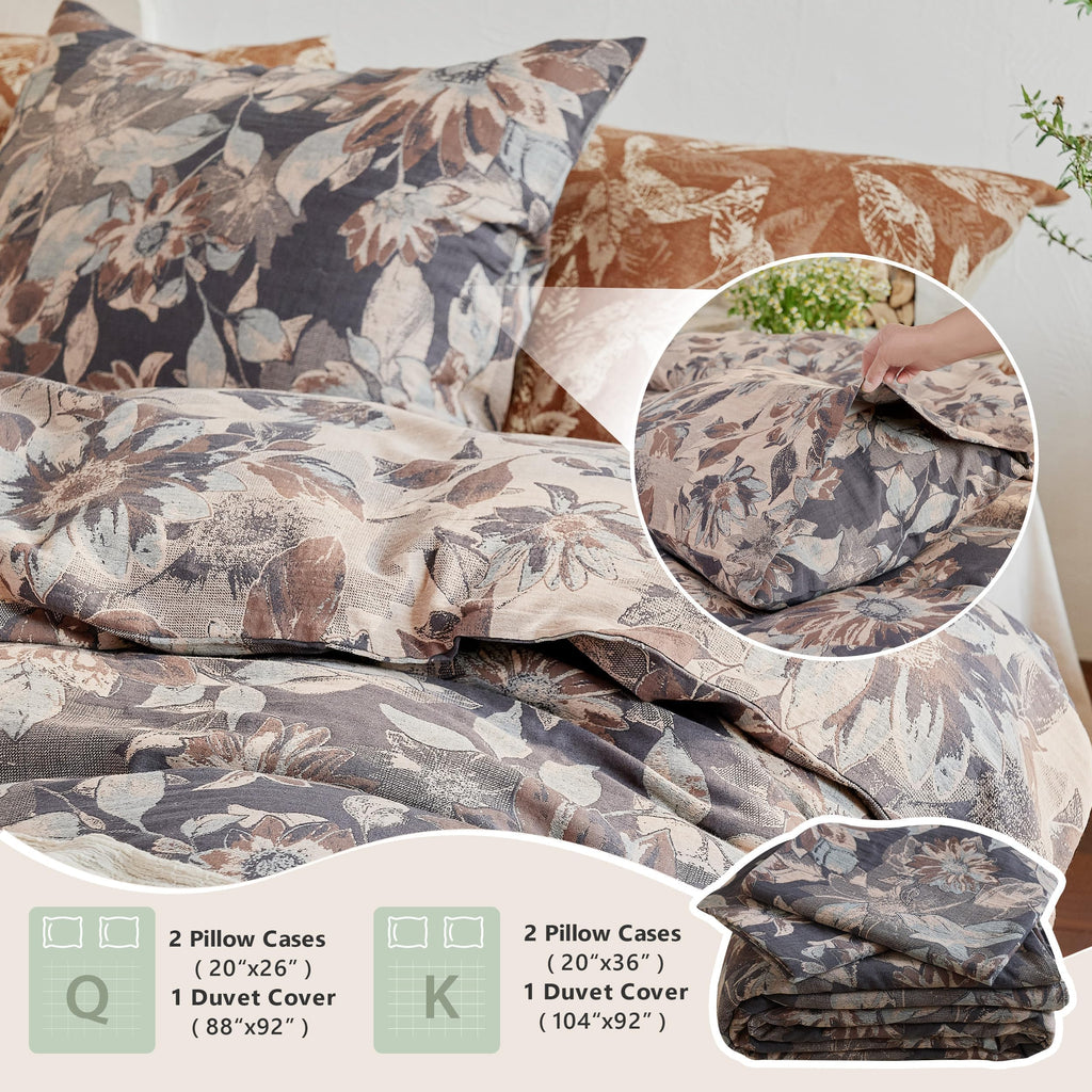 Premium 100% Cotton Muslin Duvet Cover King Size, 3 PCS Double Gauze Yarn-Dyed Jacquard Duvet Cover Set with Zipper