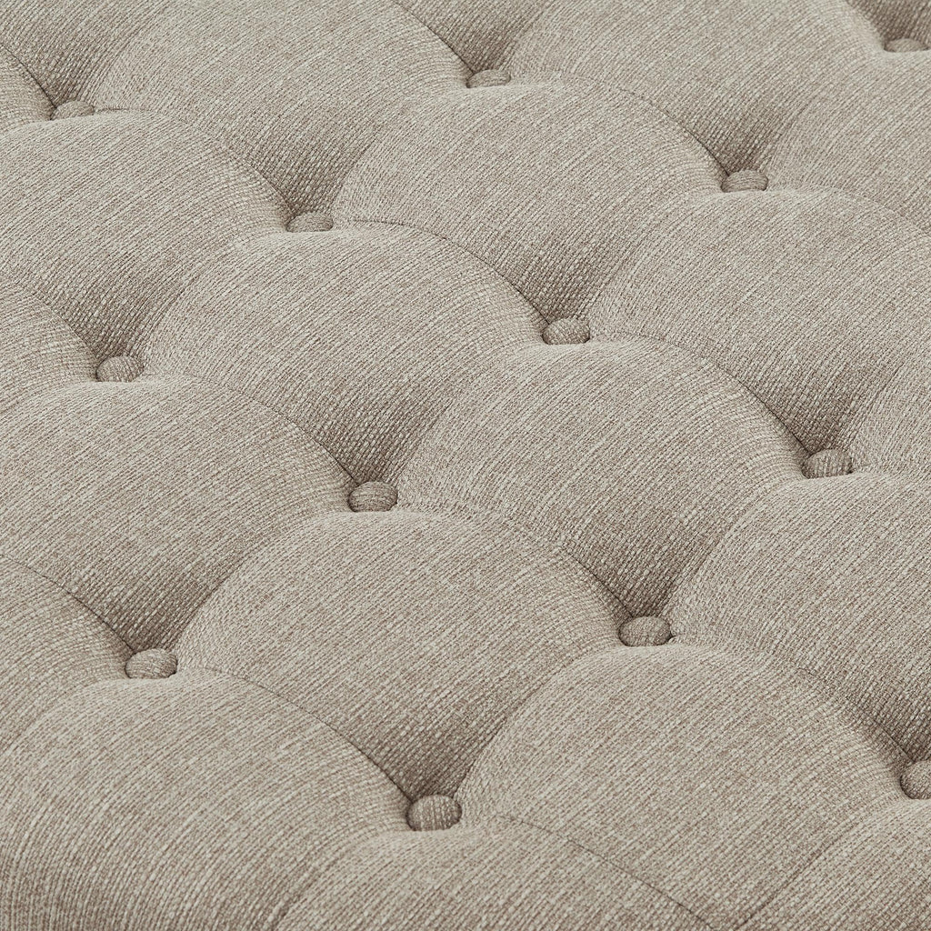 Large Round Upholstered Tufted Linen Ottoman Coffee Table with Solid Wood Frame and Open Storage Shelf, Upholstered
