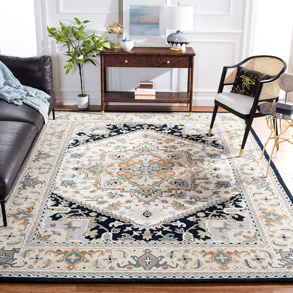 Area Rug 10x14 - Heritage - Large - Beige & Navy, Handmade Wool, Traditional Oriental Medallion Design