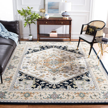 Area Rug 10x14 - Heritage - Large - Beige & Navy, Handmade Wool, Traditional Oriental Medallion Design