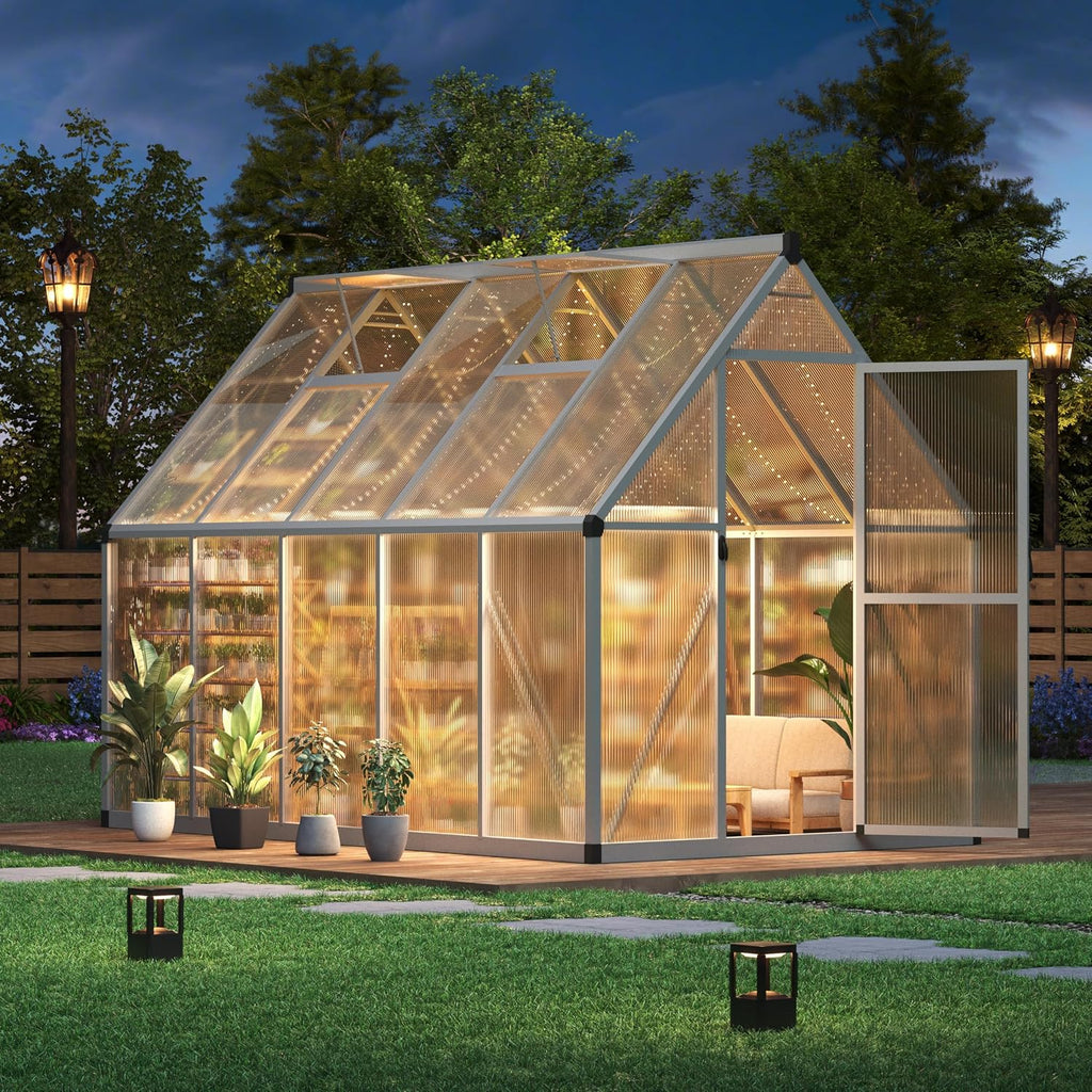 6x9 ft Polycarbonate Outdoor Greenhouse Kit - Heavy Duty Aluminum Plant Shelter with Roof Vent, Lockable Door &