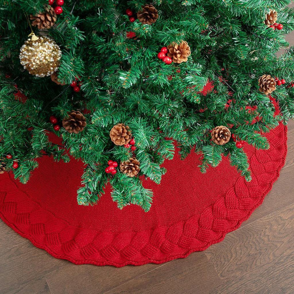Christmas Tree Skirt, 36", Red Knitted Christmas Skirt Tree