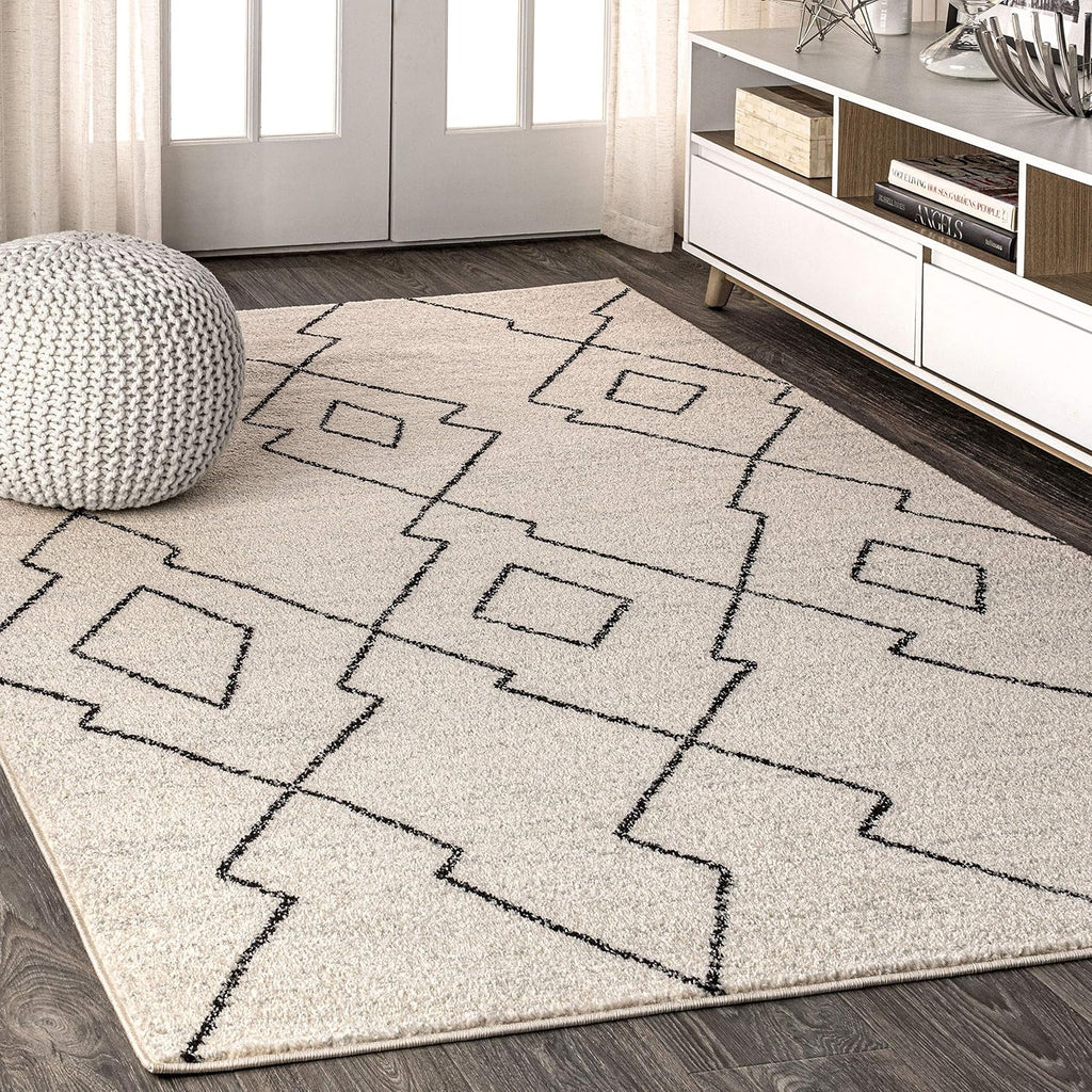 Alia Moroccan Beni Souk Cream/Black Indoor Area Rug, Bohemian, Scandinavian, Easy-Cleaning, Pet Friendly