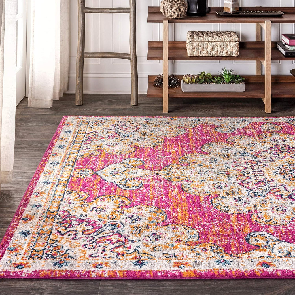 Boho Vintage Pink/Cream Indoor Area Rug, Bohemian Flair Medallion, Chic, Floral, High Traffic, Pet Friendly