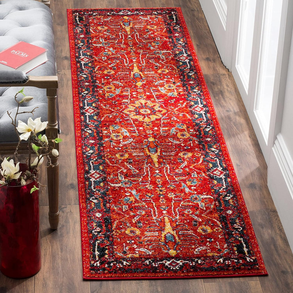 Vintage Hamadan Area Rug - 9' x 12', Orange & Navy, Oriental Traditional Persian Design, Non-Shedding & Easy Care
