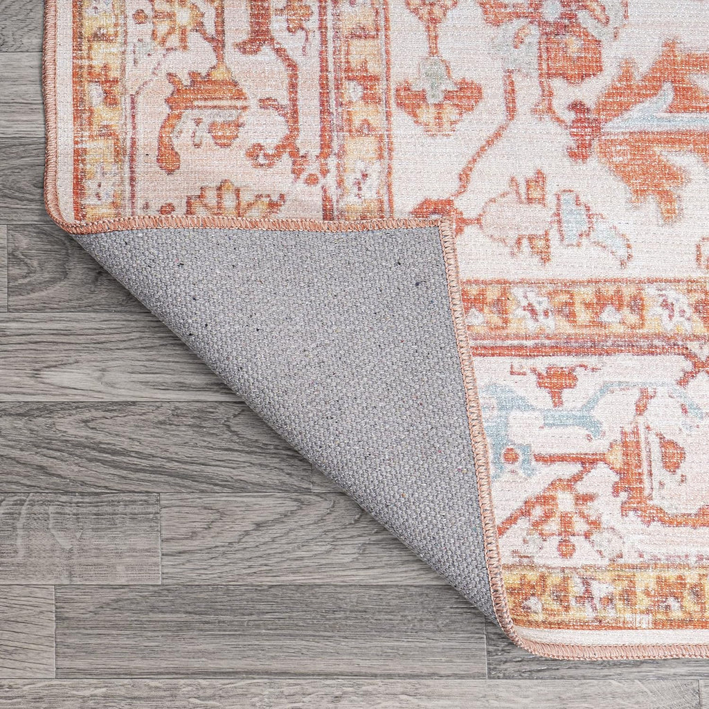 Machine Washable Orange/Cream Indoor Area Rug, ASA Ornate Medallion, Easy-Cleaning, High Traffic