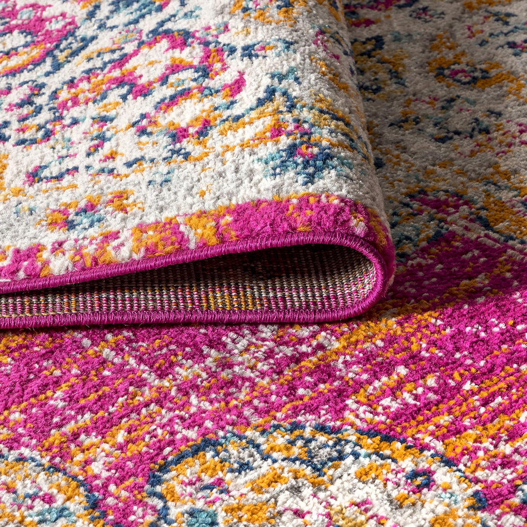 Boho Vintage Pink/Cream Indoor Area Rug, Bohemian Flair Medallion, Chic, Floral, High Traffic, Pet Friendly