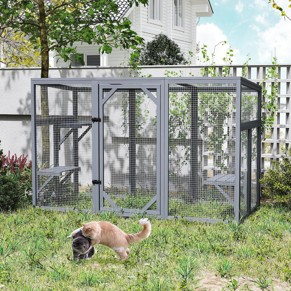 Outdoor Cat Catio House, Wooden Cat Habits with 3 Platforms, Lockable Doors, Top PC Sun Roof, Patio Yard Window