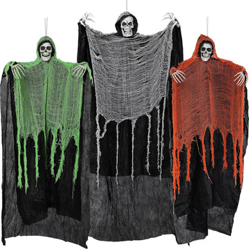 Halloween Hanging Grim Reapers, one 63" Two 47" Grim Reapers, Halloween Skeleton Outdoor Decoration Flying - Set of 3