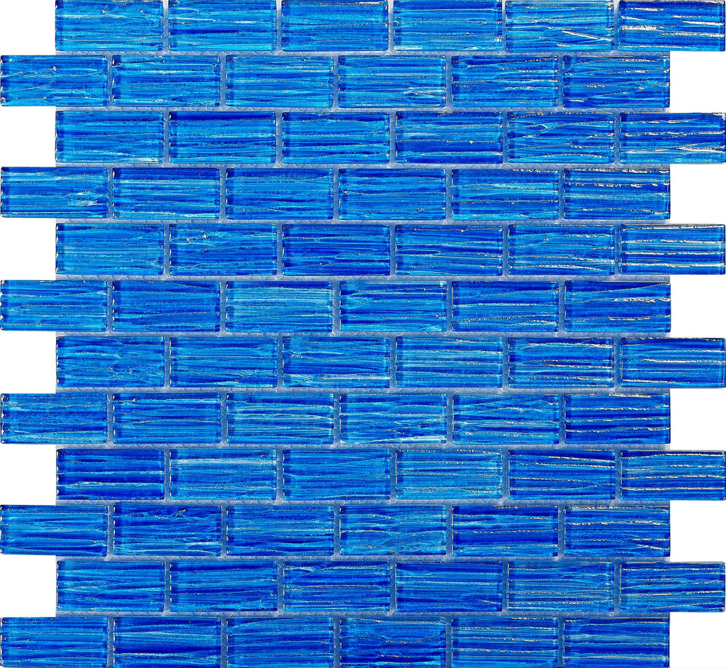 Ocean Blue Glass Mosaic Tile - Textured Subway Pattern, 12"x12" Blue Glass Tiles Backsplash, Bathroom, Pool & Spa