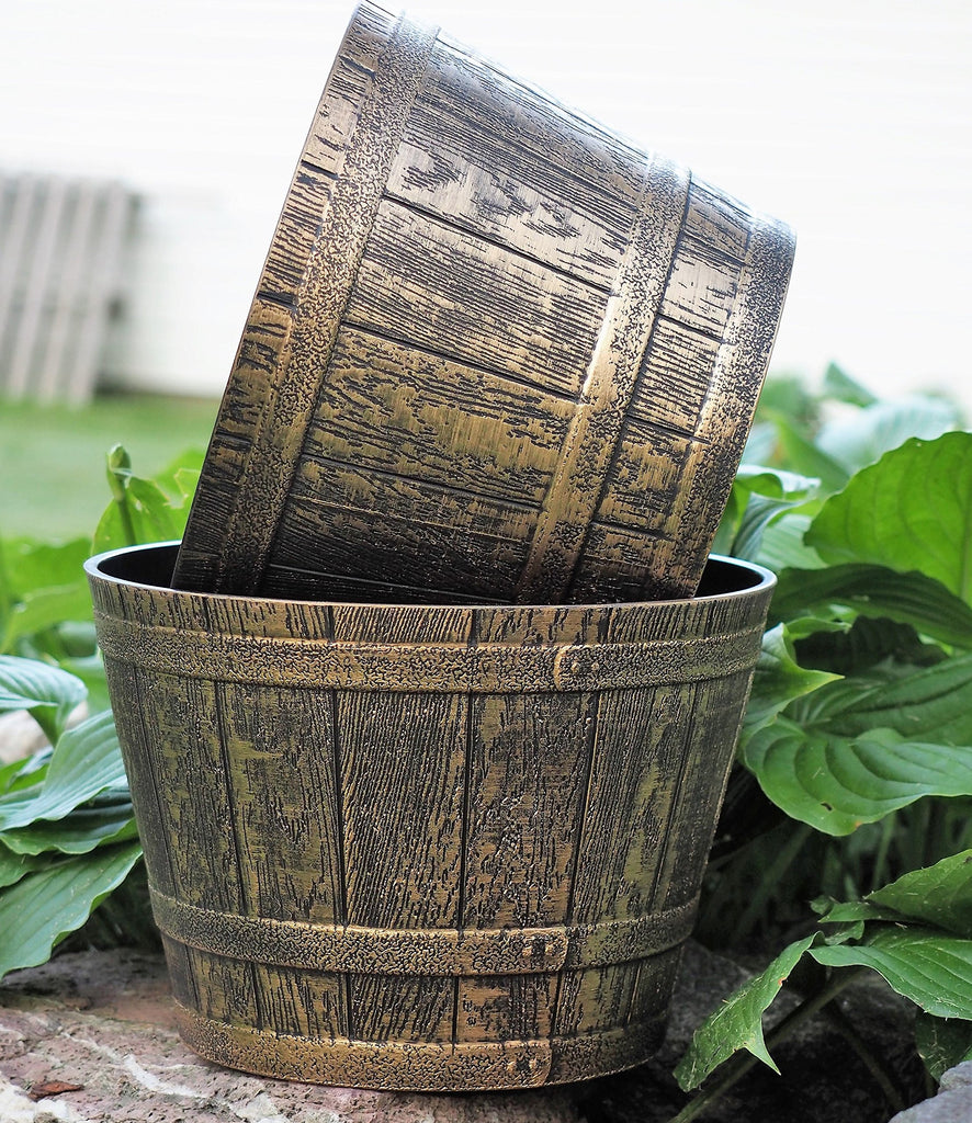 Set of 2 Plastic Whiskey Barrels Rustic Look (2 planters + 2 Matching Saucers) French Country Style Flowerpot Indoor