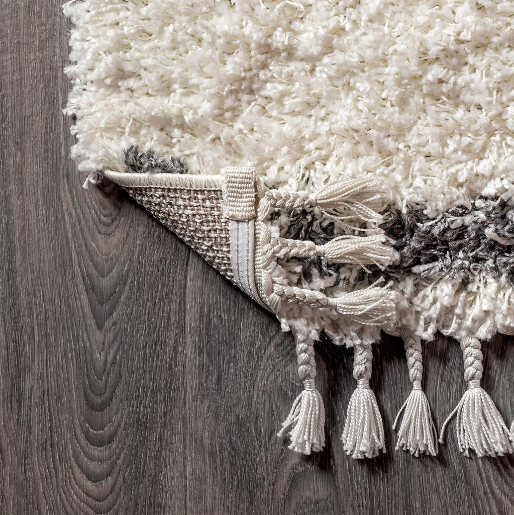 Mercer Shag Plush Tassel Cream/Gray Indoor Area Rug, Moroccan Geometric Trellis, Bohemian, Easy-Cleaning, Pet