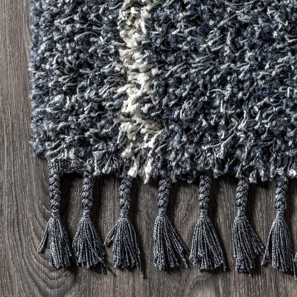 Mercer Shag Plush Tassel Blue/Cream Indoor Area Rug, Moroccan Geometric Trellis, Easy-Cleaning, Pet Friendly