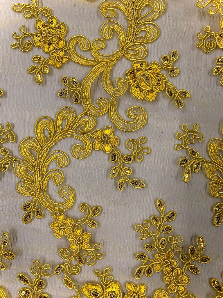 Melody Bright Yellow Polyester Floral Embroidery with Sequins on Mesh Lace Fabric by the Yard for Gown, Wedding