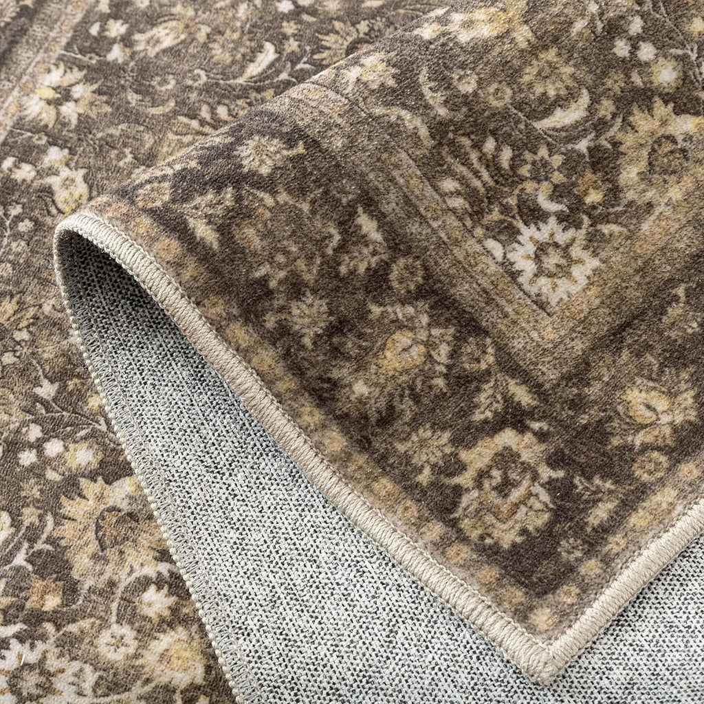 8x10 Machine Washable Rugs Brown Hallway Large Area Rug Indoor Accent Rug Floral Low Pile Carpet Soft Throw Aesthetic