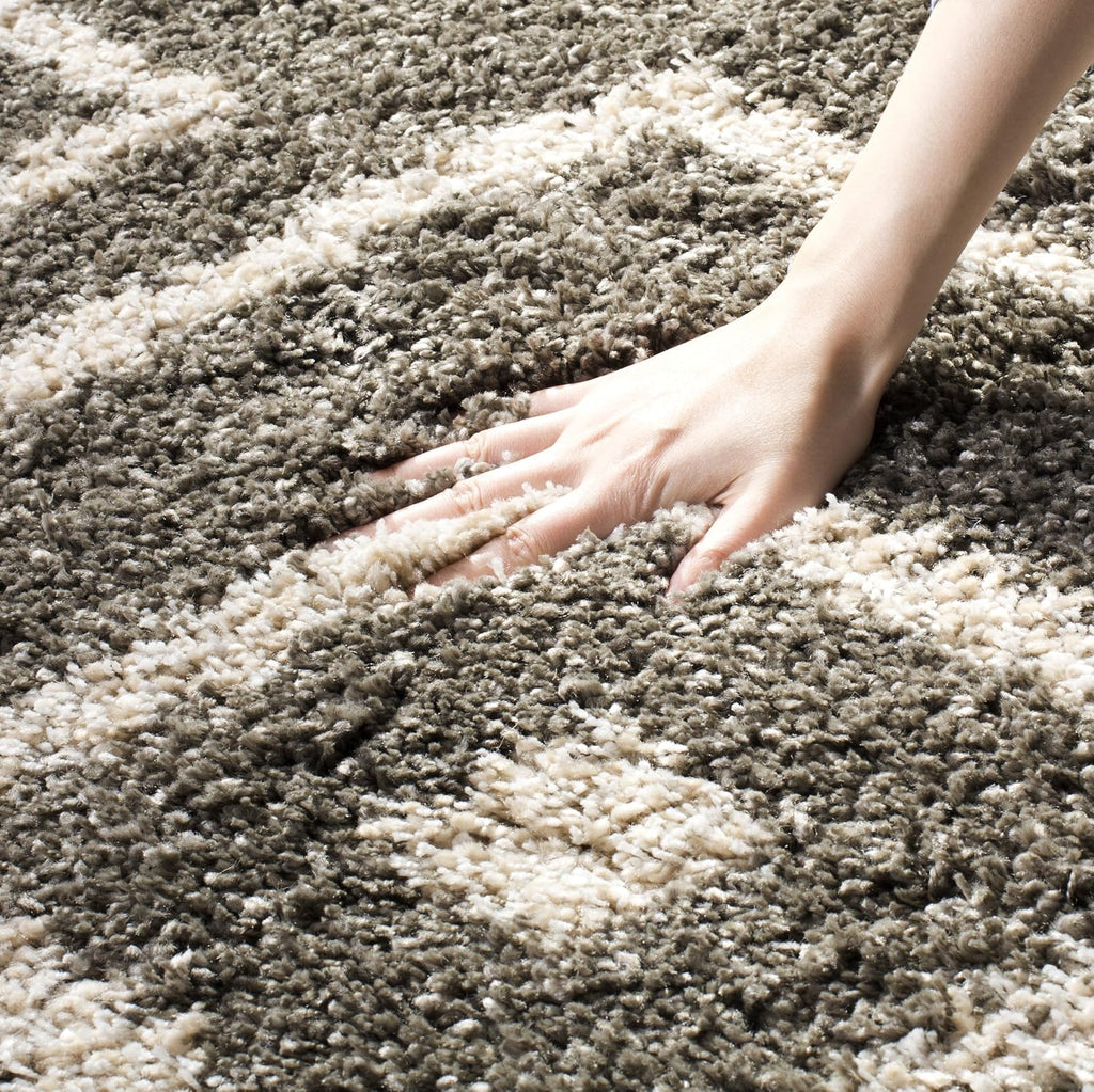 Moroccan Fringe Shag Collection Area Rug, Grey & Cream, Boho Tribal Design, Non-Shedding & Easy Care