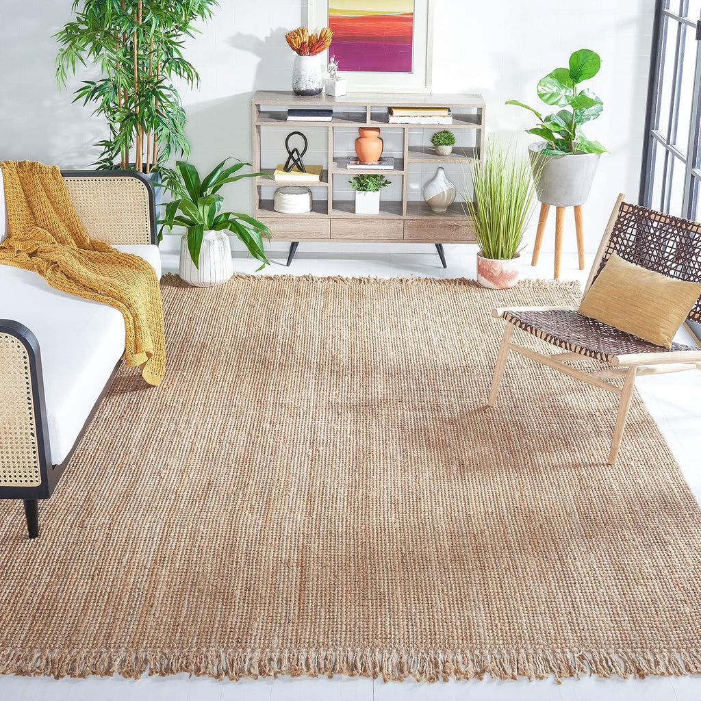 Natural Fiber Collection Area Rug - 8' Square, Natural, Handmade Woven Fringe Jute, Ideal for High Traffic Areas