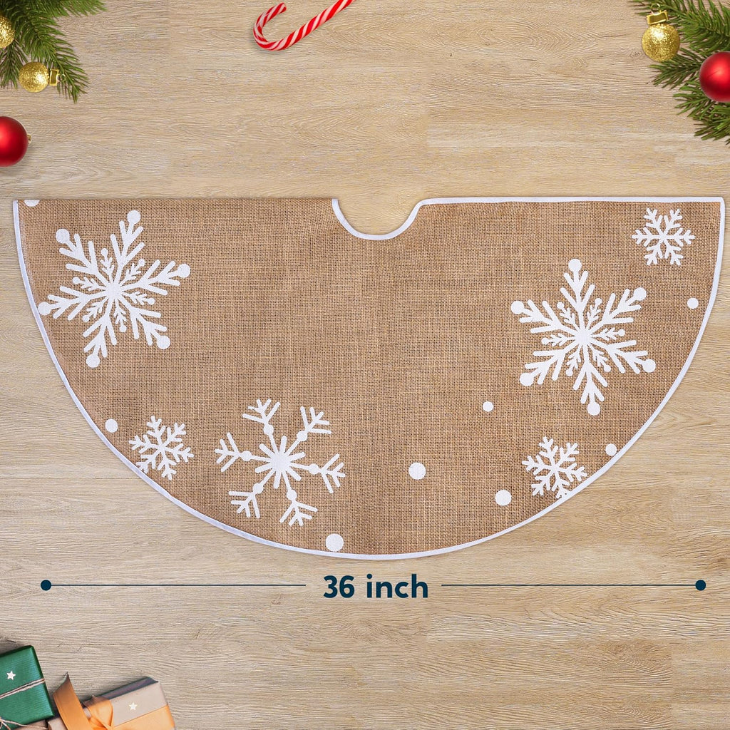 36" Christmas Burlap Tree Skirt with Snowflakes, Decoration for Xmas Home Holiday Indoor Outdoor Seasonal Decors